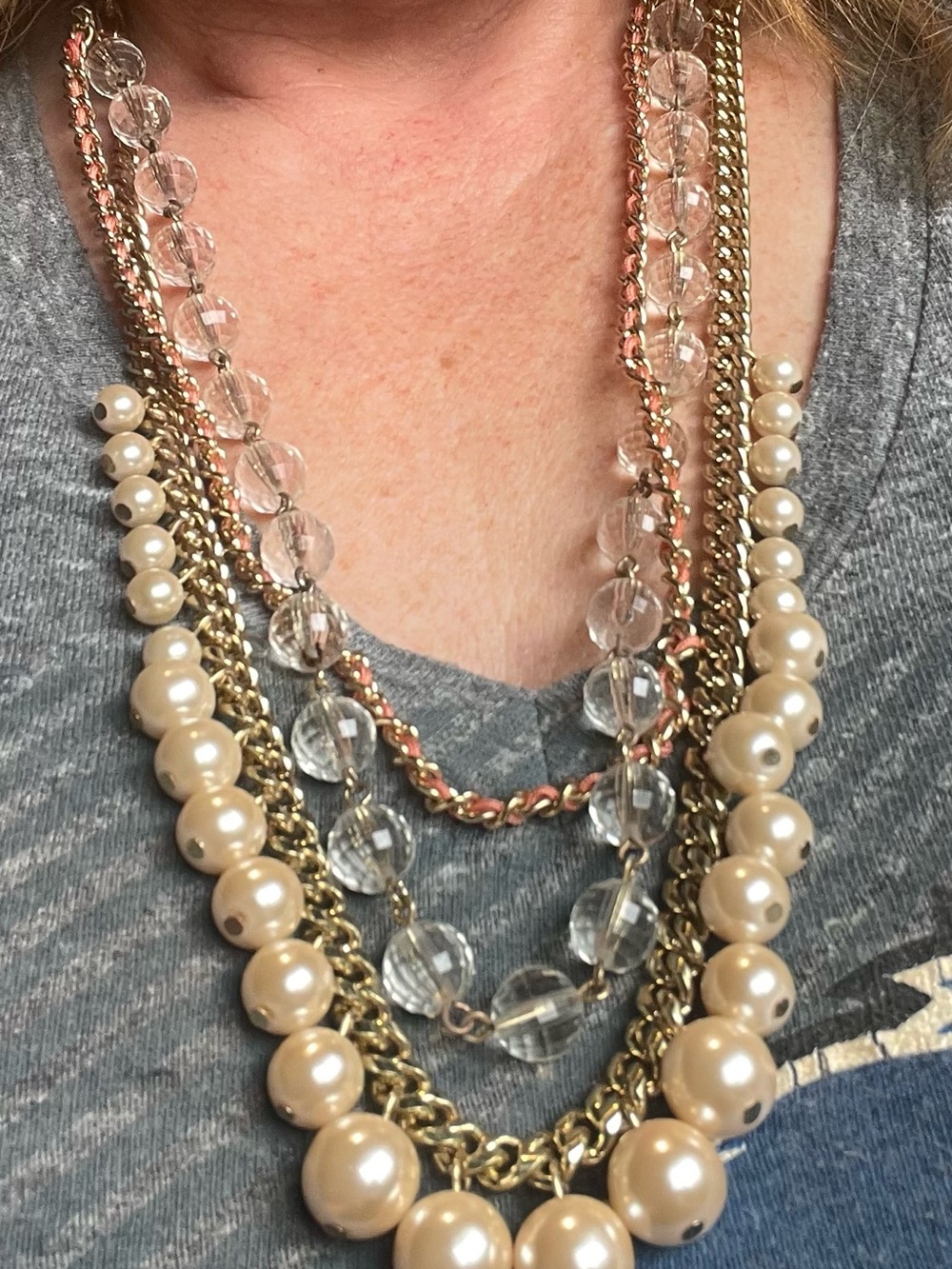 ViVI Multi-Strand Pearl, Crystal & Gold Chain Necklace